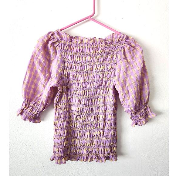 Neo Noir Kara Smock Candy Check Top Smocked Balloon Puff Sleeve Blouse - Picture 2 of 8